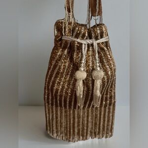 New Indian Potli Handbag Brown and Silver Beads Drawstring Beaded Tessel& Handle